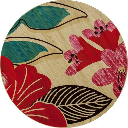 ART CARPET 5 Ft. Antigua Collection Hibiscus Woven Round Area Rug, Beige 841864117910